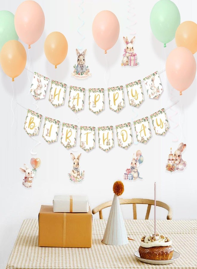 UNIIDECO Bunny Birthday Decorations Kit, 36PCS Easter Bunny Party Supplies with Happy Birthday Banner, Hanging Swirls Ceiling Decoration and Balloons for Girls Baby Shower Rabbit Themed Party - Image 5